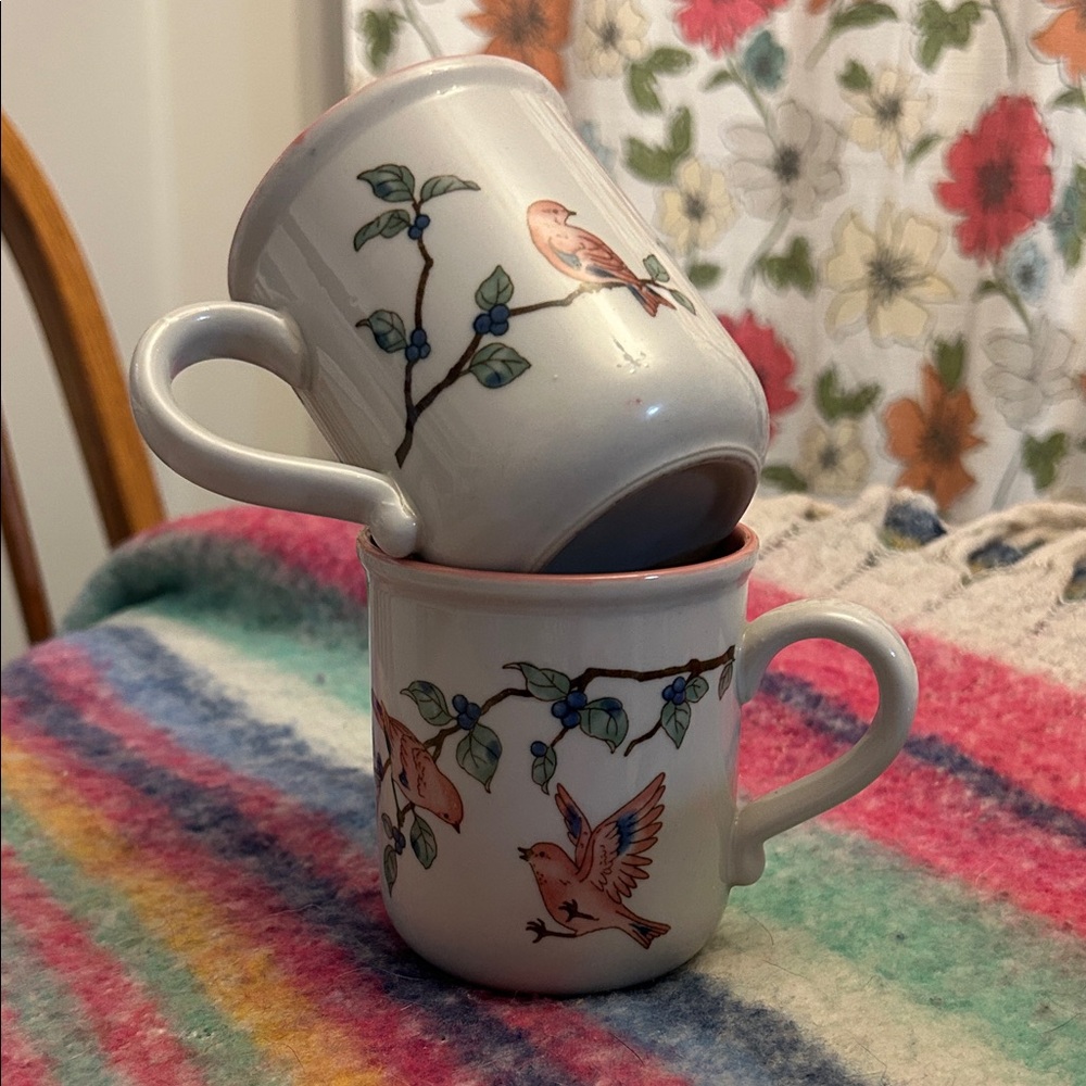 Adorable Floral Bird Design Ceramic Mugs - Set of 2